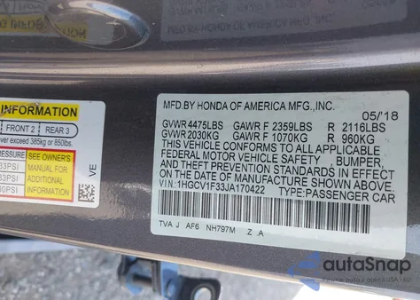 2018 Honda Accord Sport из США, поврежденный, VIN 1HGCV1F33JA170422